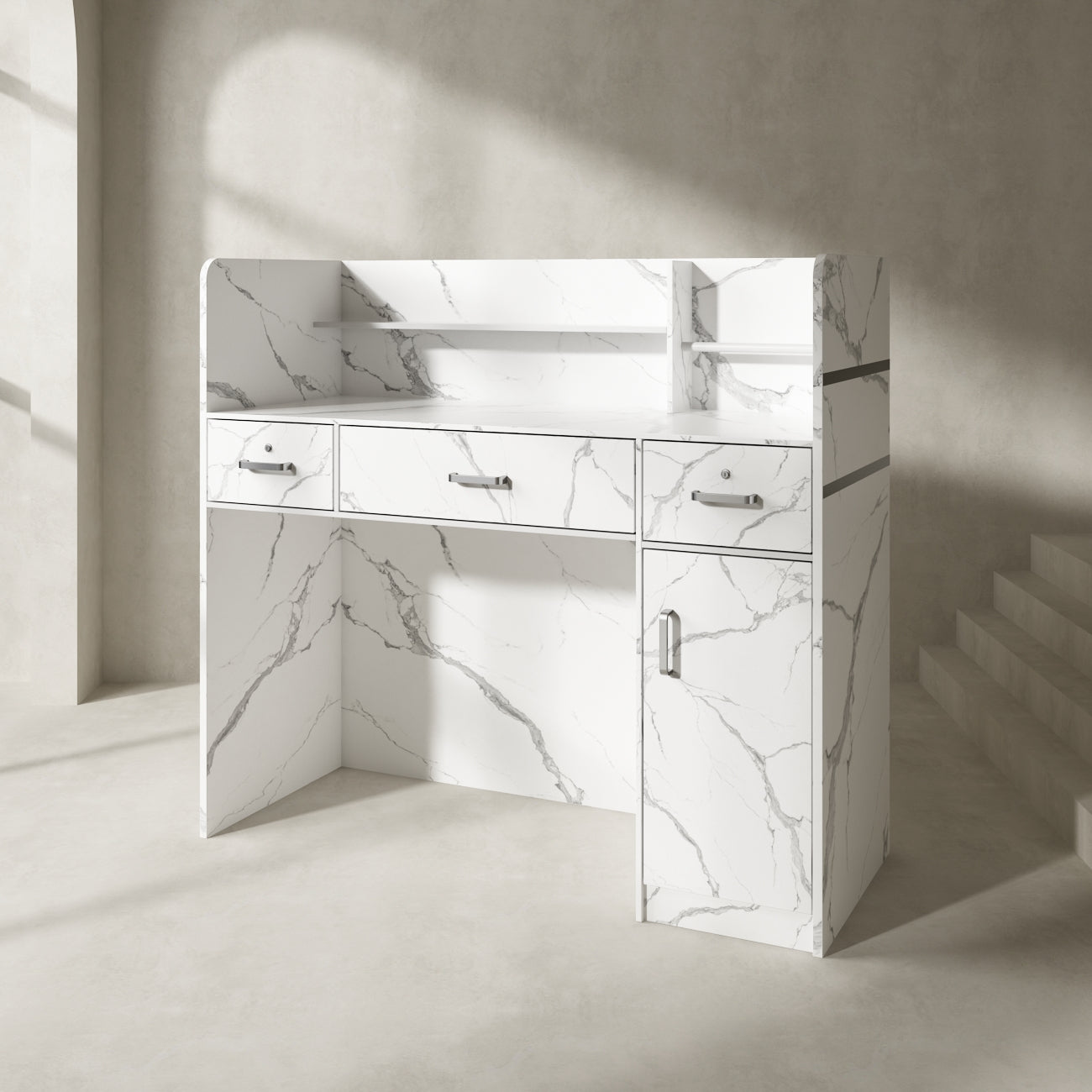 Bureau d'accueil moderne en bois avec armoire de rangement verrouillable, 47 pouces de large. 