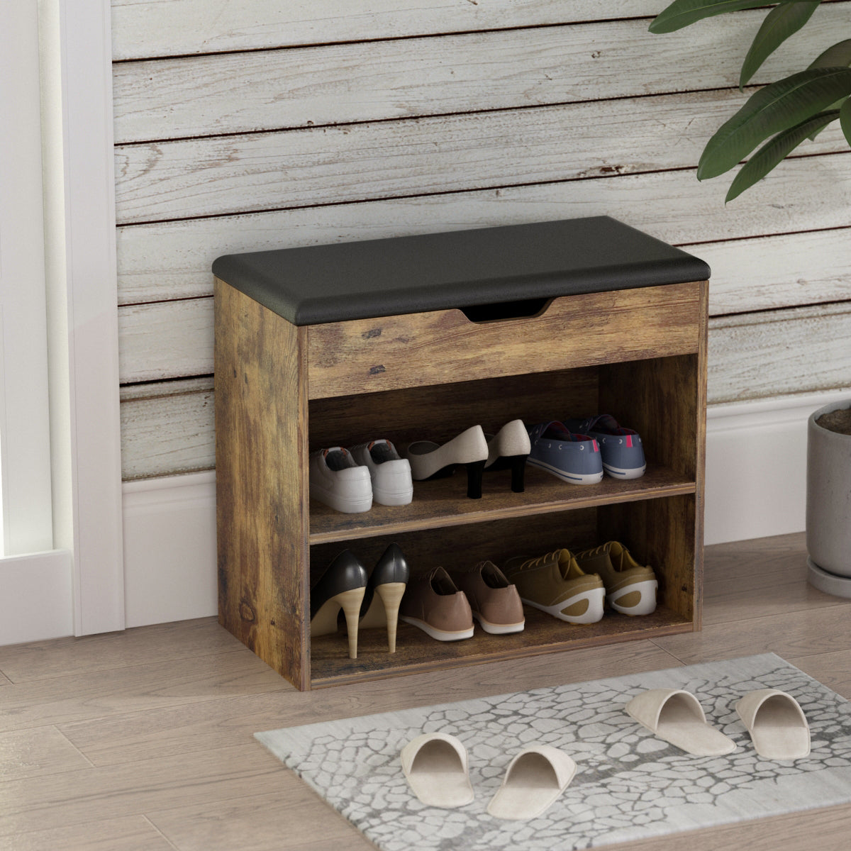 Banc de rangement pour chaussures, étagère à chaussures rembourrée avec 2 compartiments