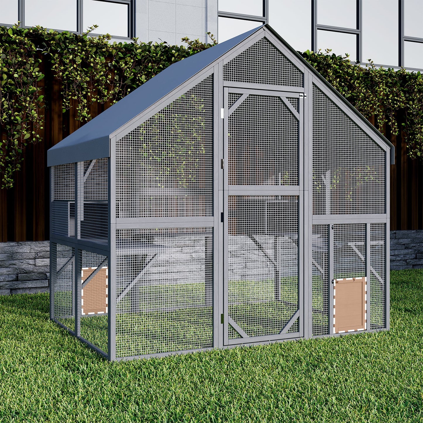 Grand enclos extérieur en bois pour chats, comprenant des niches, des ponts et des allées.