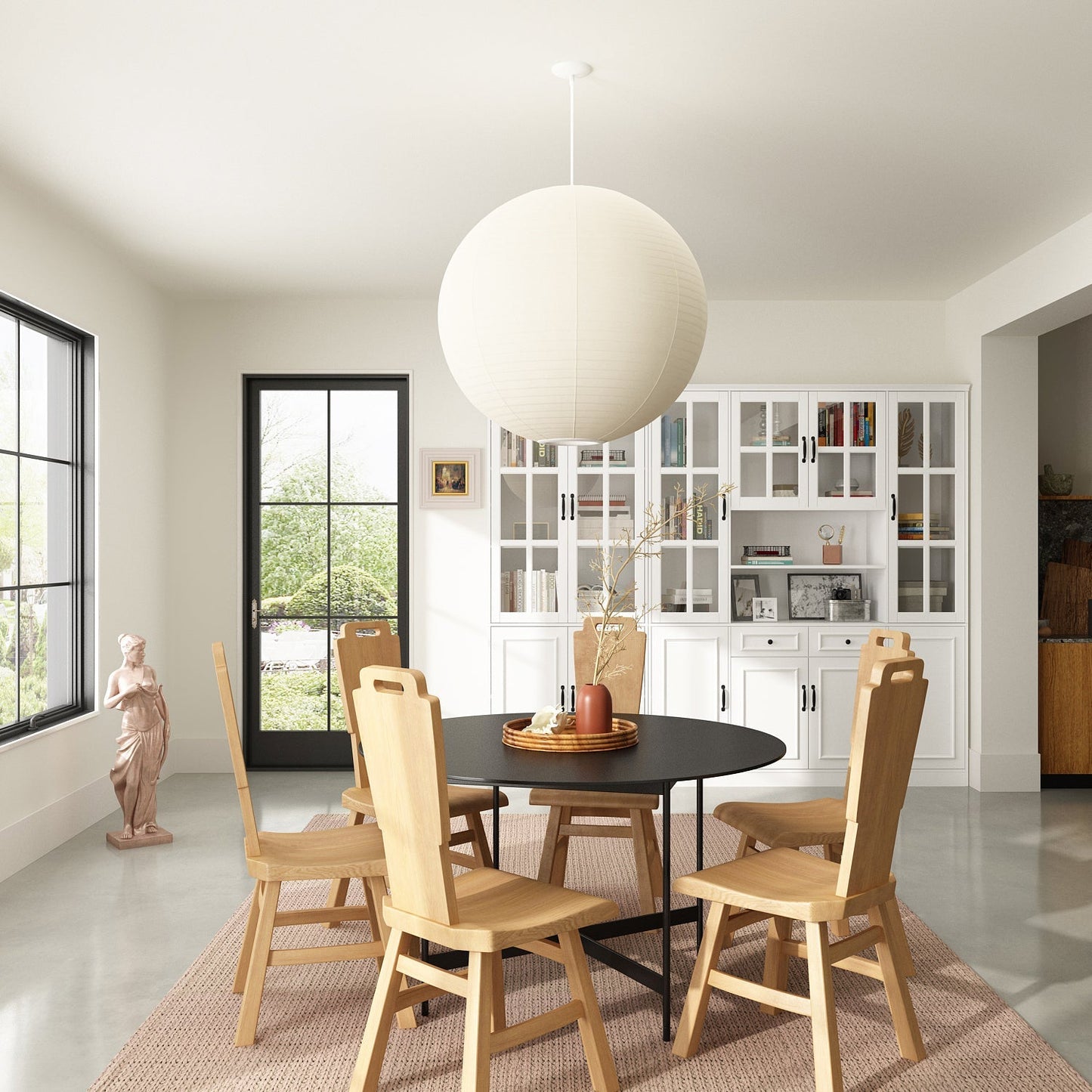 Vitrine d'angle avec étagère de rangement et bibliothèque, combinant 4 portes vitrées et 2 tiroirs