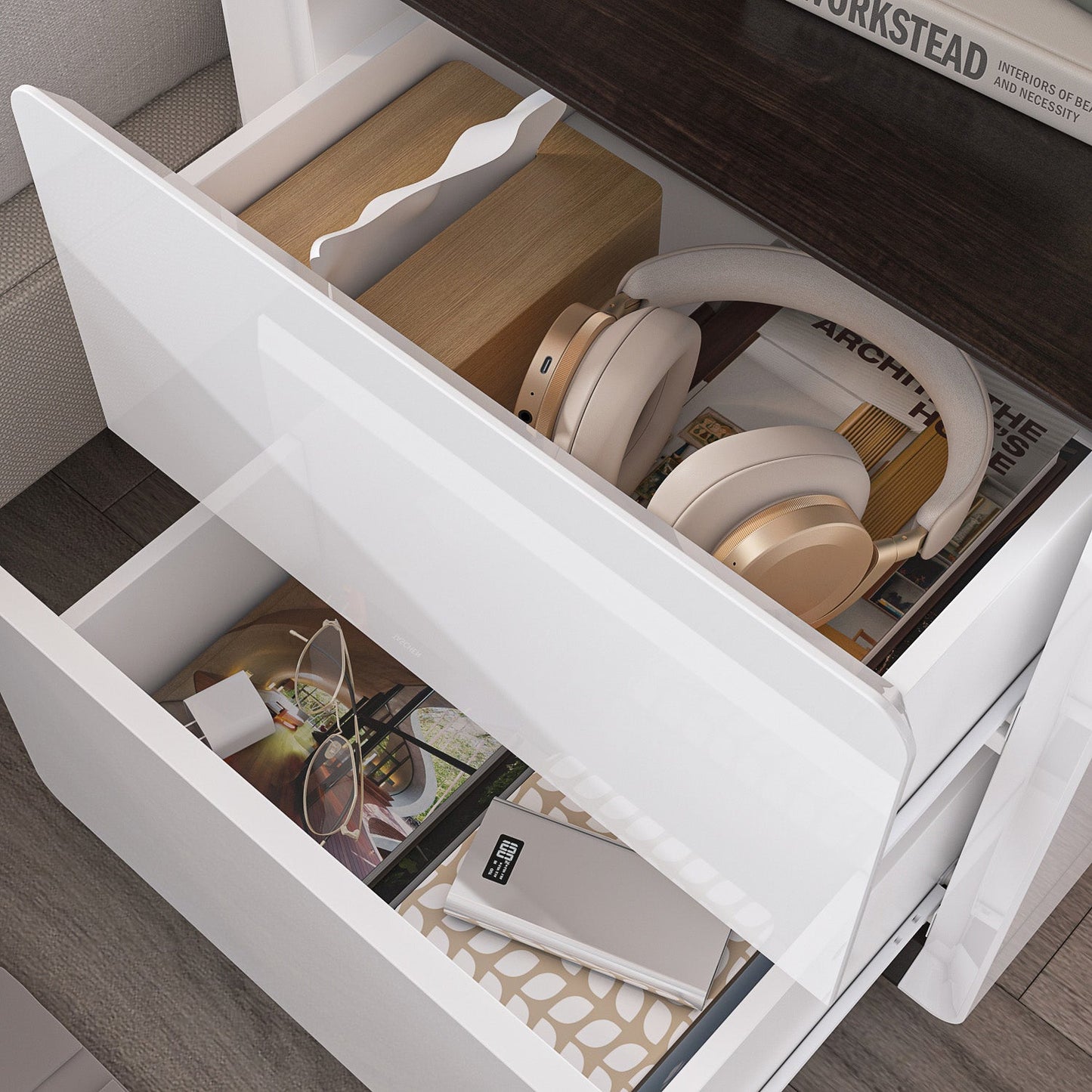 Table de chevet laquée brillante avec éclairage LED et 2 tiroirs