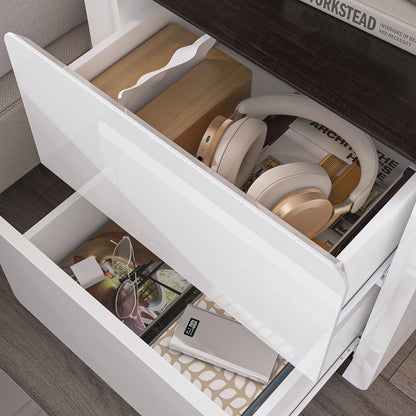 Table de chevet laquée brillante avec éclairage LED et 2 tiroirs