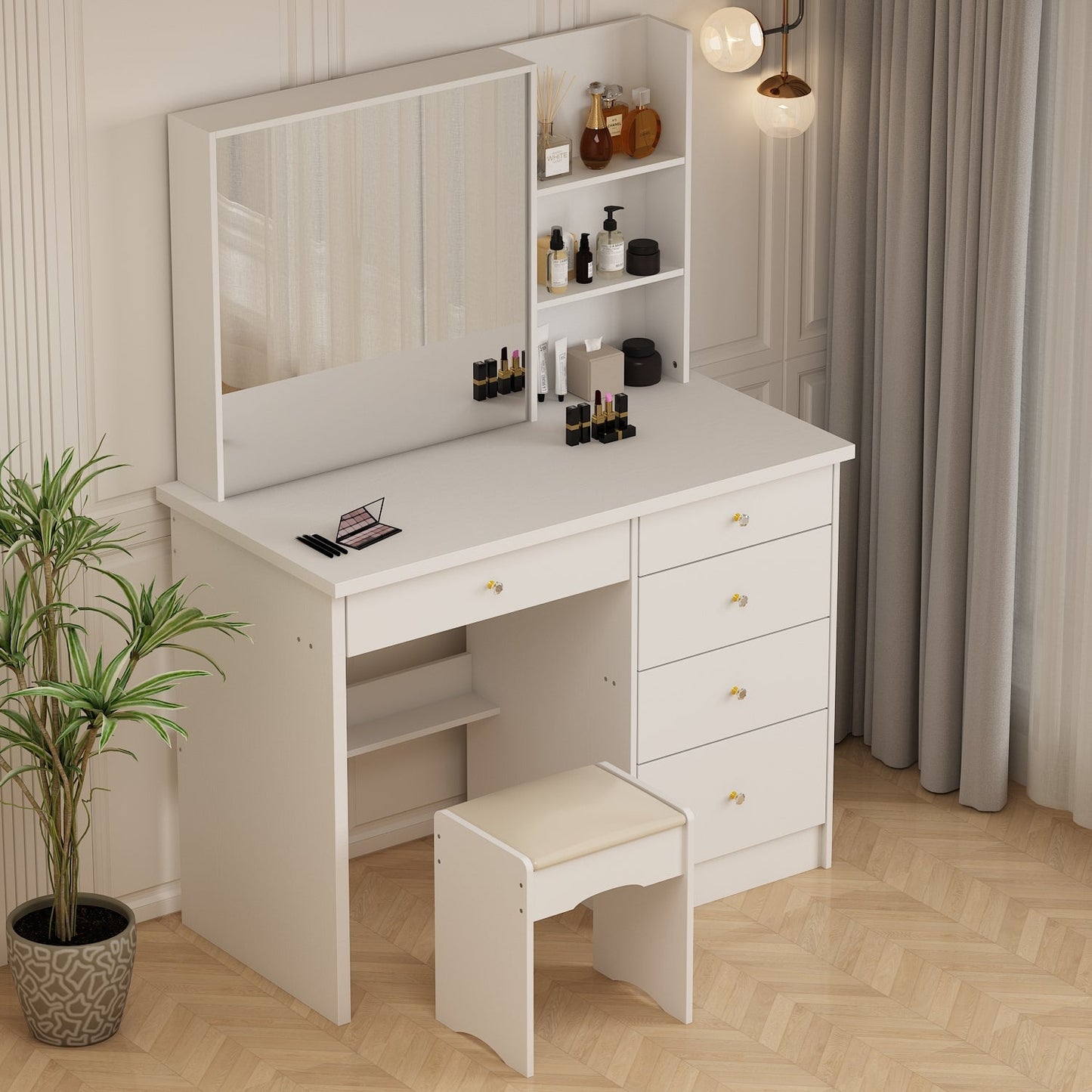 Ensemble coiffeuse avec miroir coulissant éclairé, tabouret rembourré, 5 tiroirs et étagères