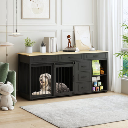 Cage pour chien à 6 tiroirs et 2 compartiments avec porte de style grange