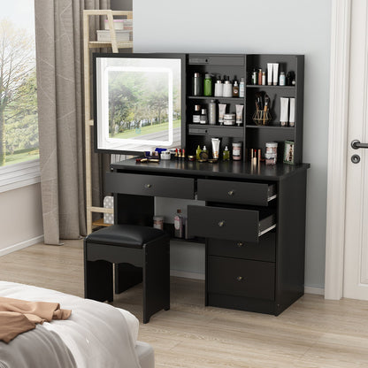 Ensemble coiffeuse avec miroir coulissant éclairé, tabouret rembourré, 5 tiroirs et étagères