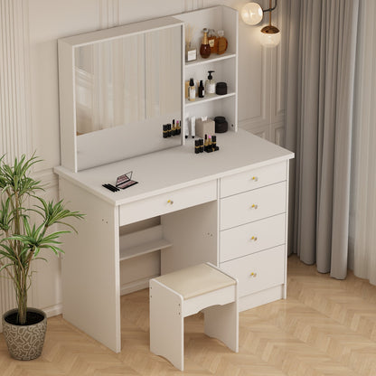 Ensemble coiffeuse avec miroir coulissant éclairé, tabouret rembourré, 5 tiroirs et étagères