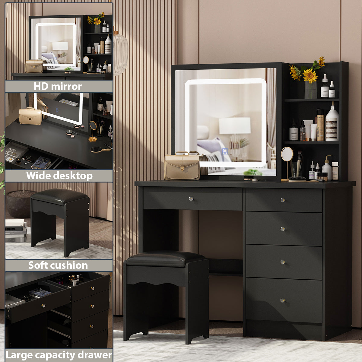 Ensemble coiffeuse avec miroir coulissant éclairé, tabouret rembourré, 5 tiroirs et étagères