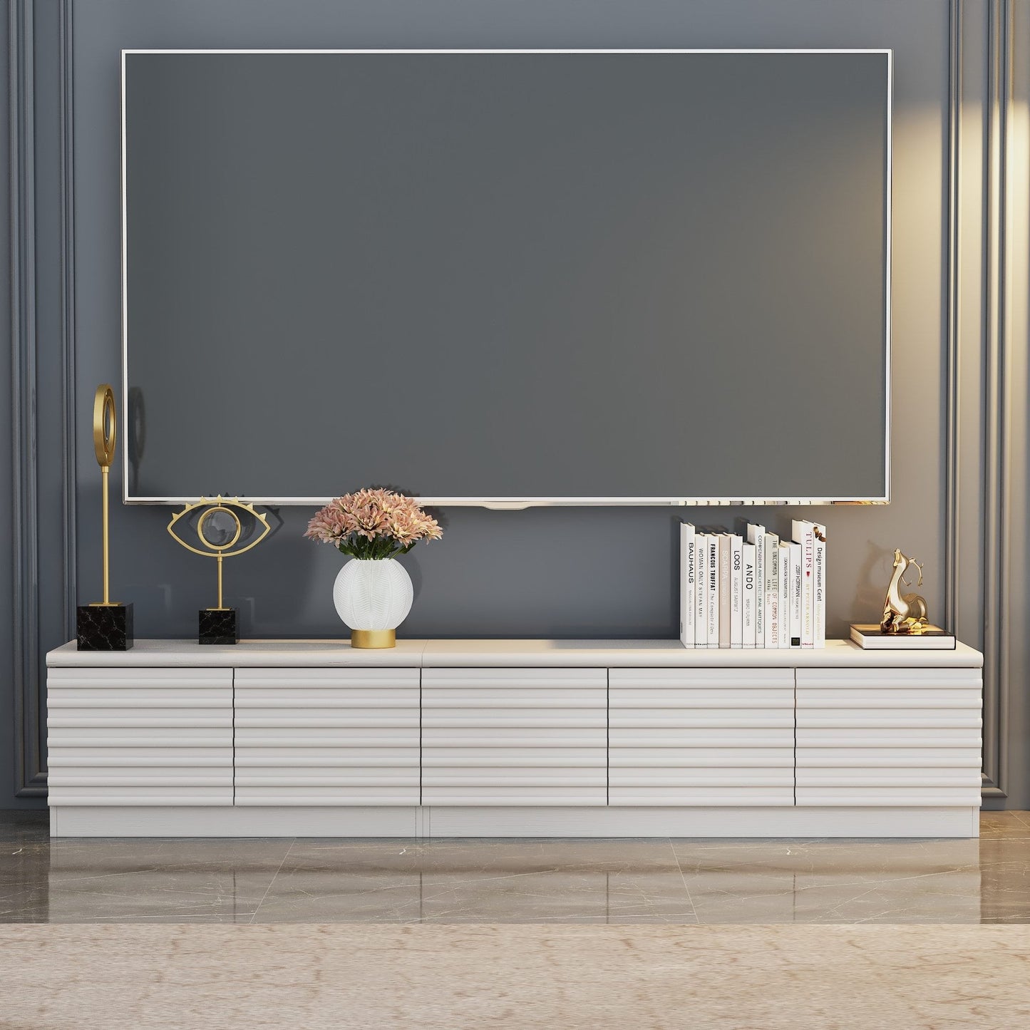 Meuble TV/console multimédia à 3 tiroirs et 2 placards, 78,5 po de largeur