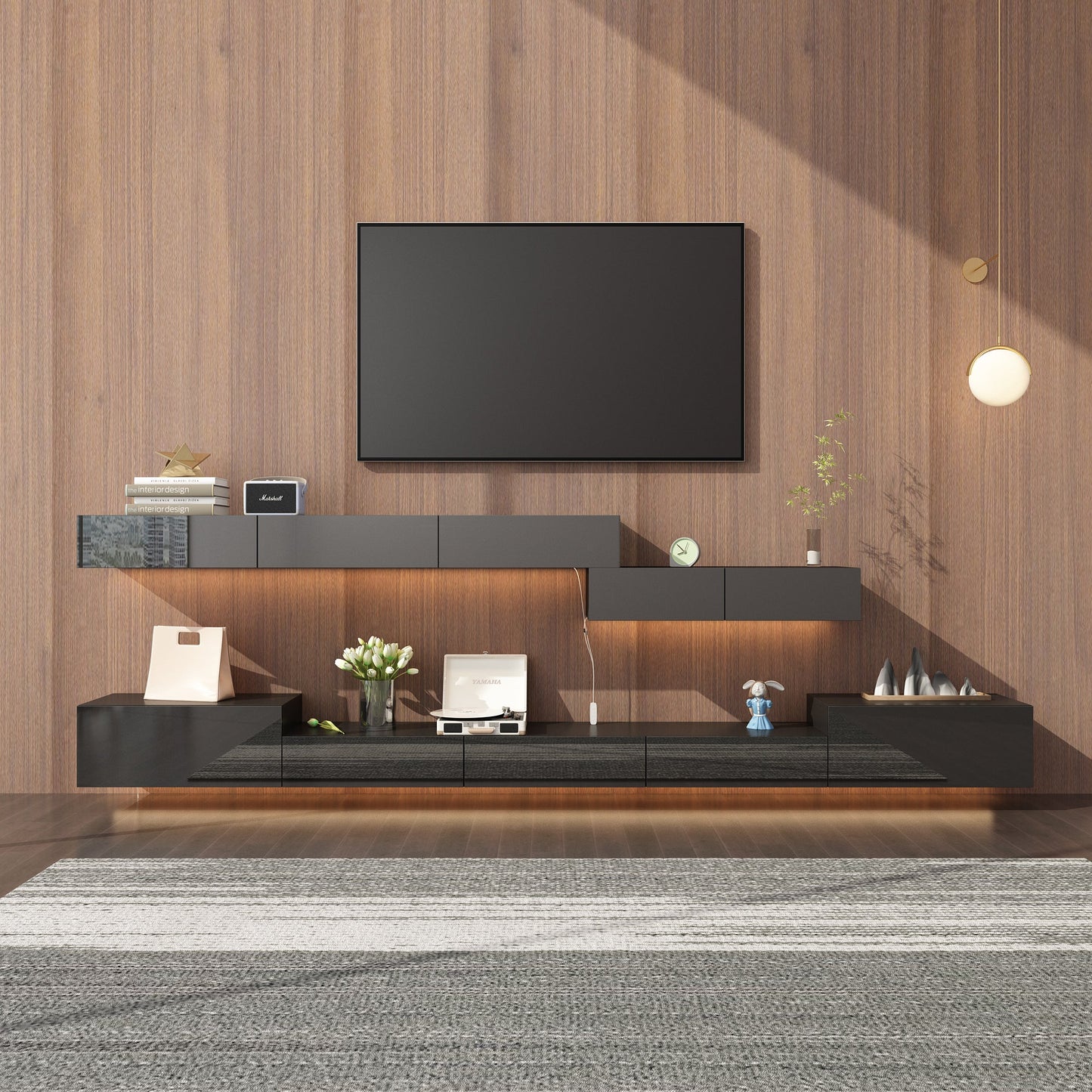 Meuble TV 2 pièces laqué brillant avec éclairage