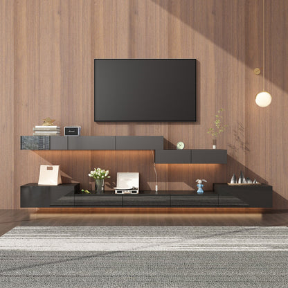 Meuble TV 2 pièces laqué brillant avec éclairage