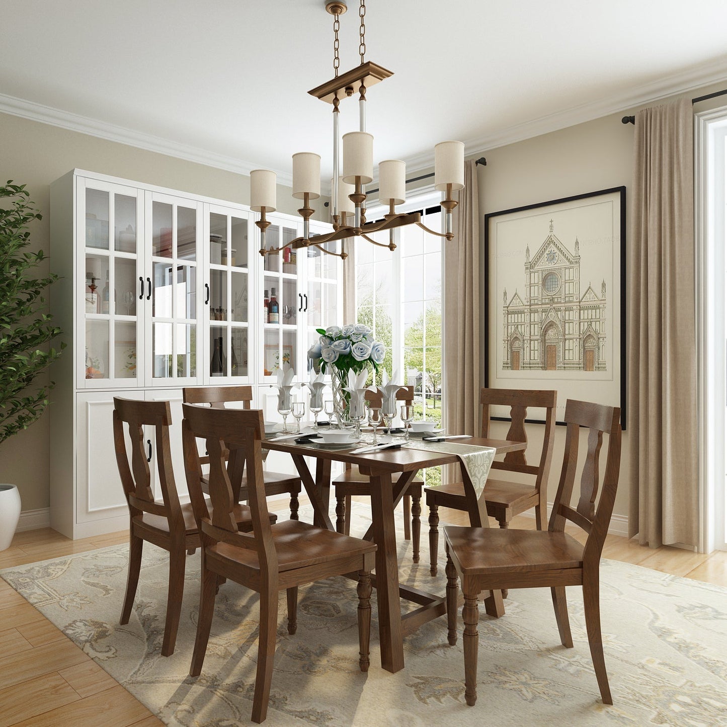 Vitrine d'angle avec étagère de rangement et bibliothèque, combinant 4 portes vitrées et 2 tiroirs