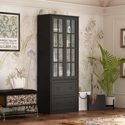 Bibliothèque vitrine avec 2 tiroirs et portes vitrées