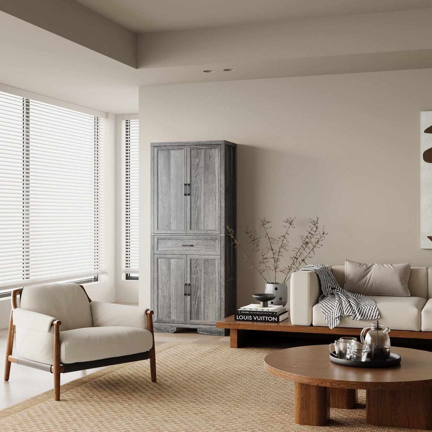 Meuble de rangement modulaire élégant : design épuré et combinaison de compartiments ouverts et fermés.