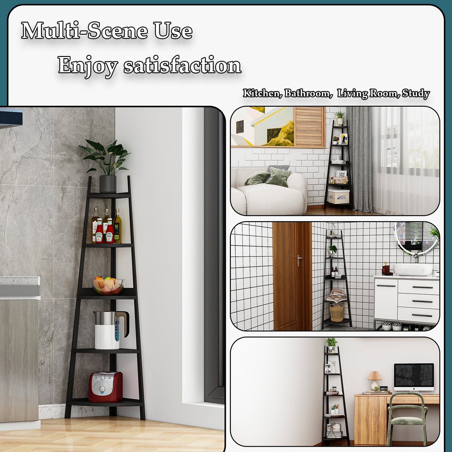 Étagère d'angle rustique à 5 niveaux, bibliothèque d'angle industrielle, étagère échelle, support pour plantes pour salon 