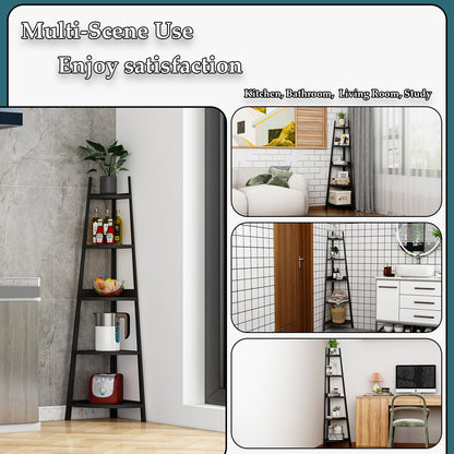 Étagère d'angle rustique à 5 niveaux, bibliothèque d'angle industrielle, étagère échelle, support pour plantes pour salon 