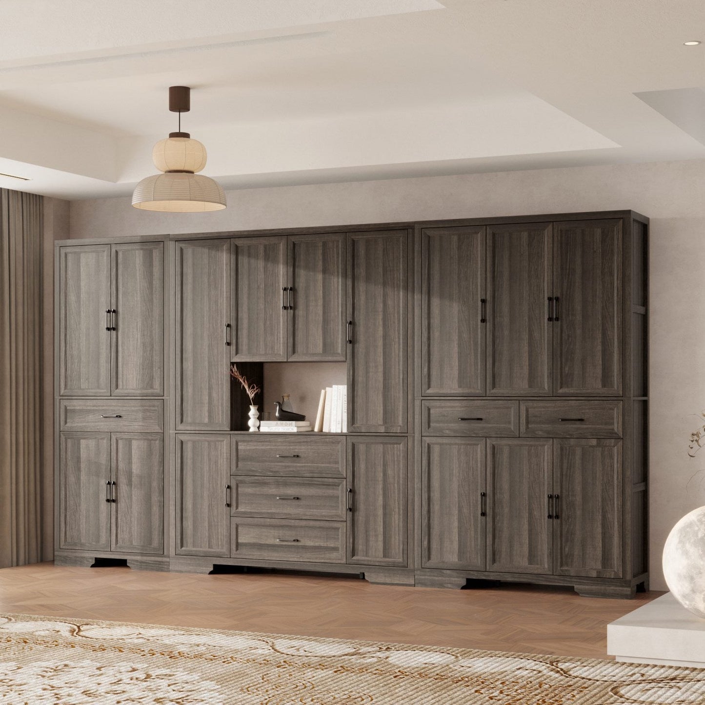 Meuble de rangement modulaire élégant : design épuré et combinaison de compartiments ouverts et fermés.