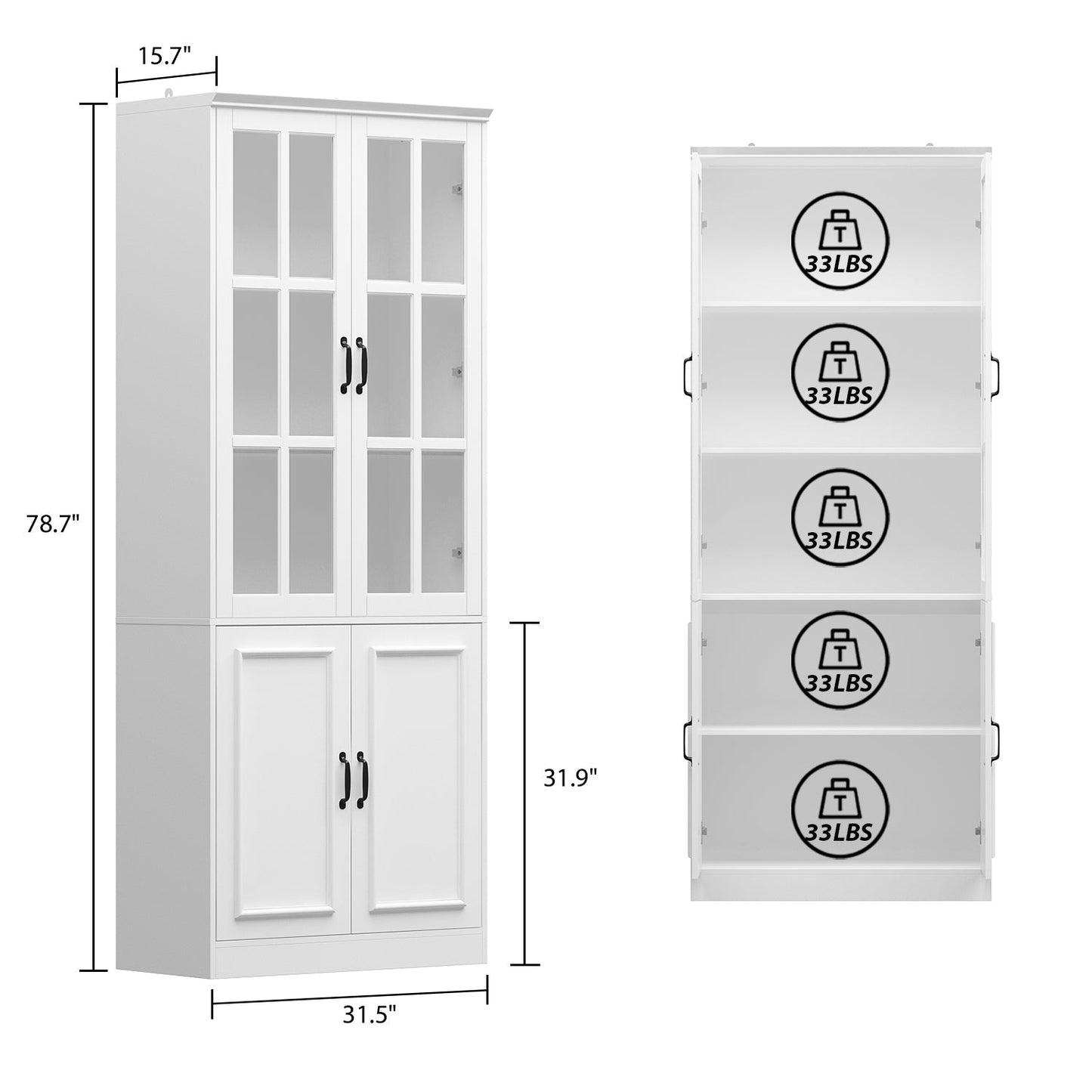 Vitrine d'angle avec étagère de rangement et bibliothèque, combinant 4 portes vitrées et 2 tiroirs