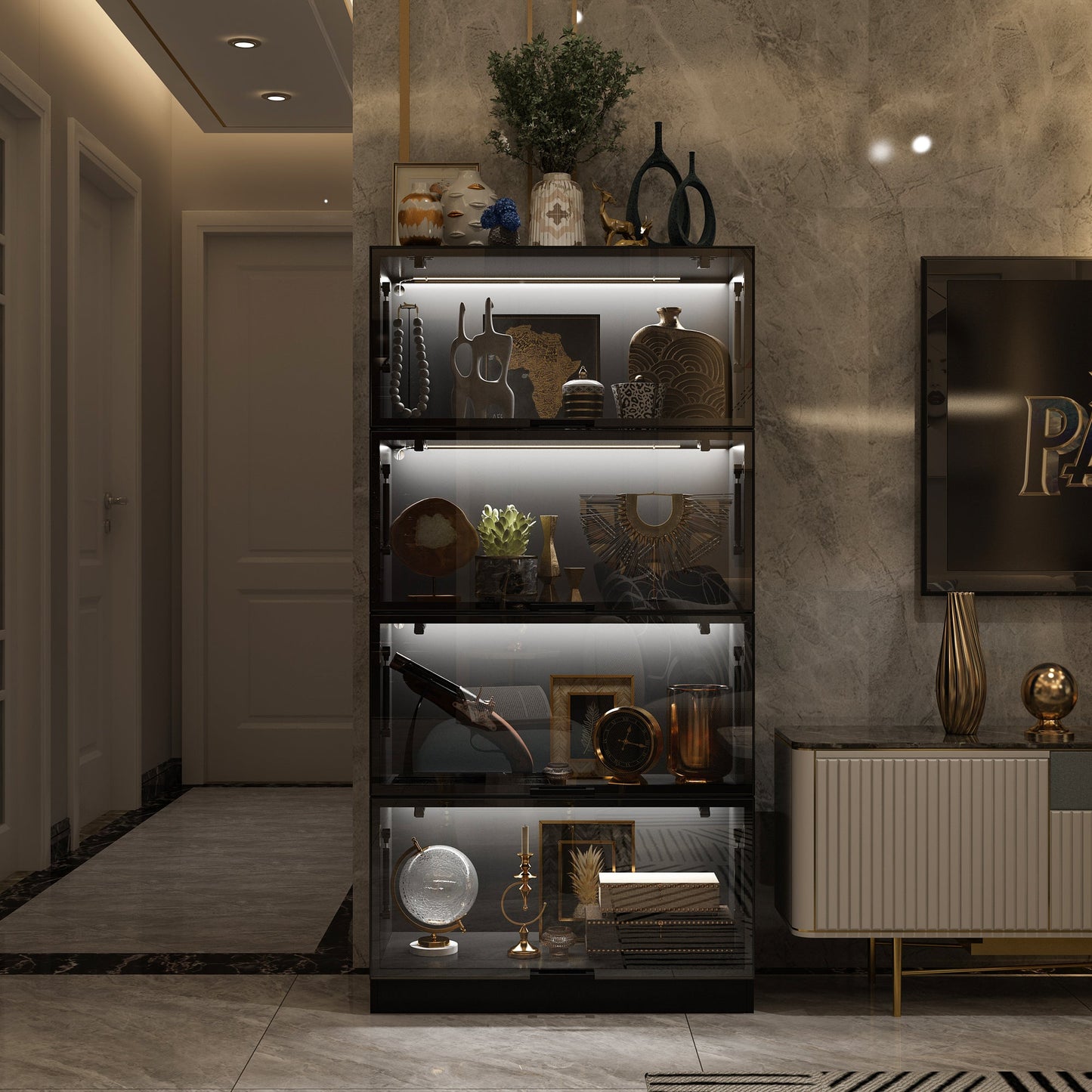 Vitrine vitrée à 4 niveaux avec éclairage LED