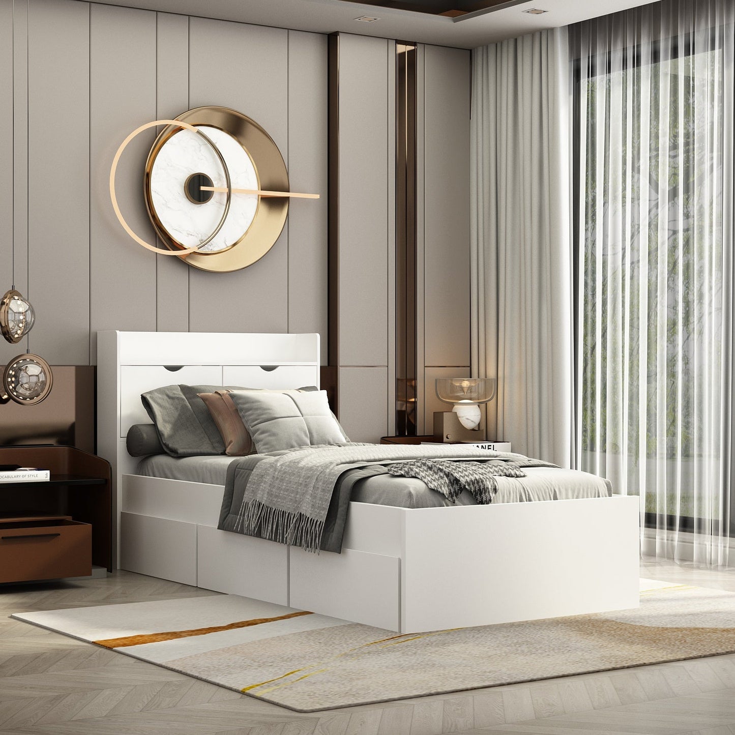 Lit plateforme Queen avec rangement, tête de lit de rangement et 2 tiroirs