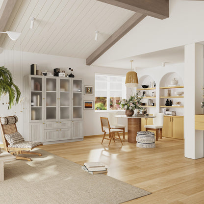 Bibliothèque modulaire à 4 tiroirs avec portes en verre dépoli, 71 po H x 126 po L