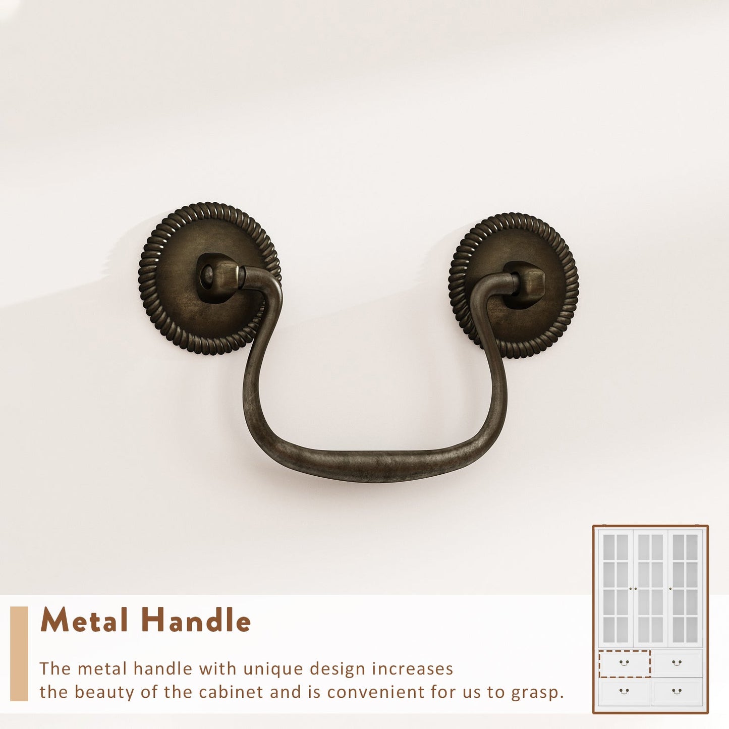 Grande bibliothèque vitrine avec étagères de rangement, 3 portes vitrées et 4 tiroirs avec poignées en métal