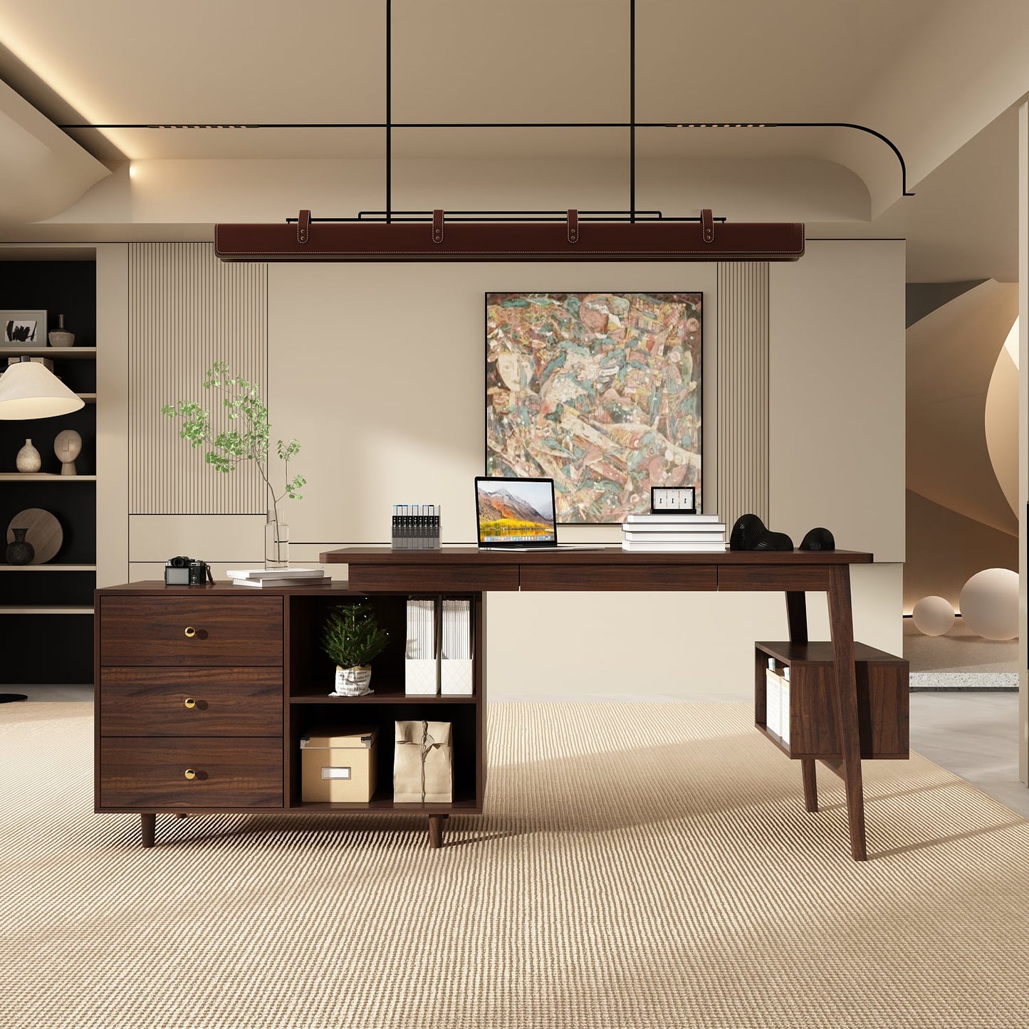 Bureau d'ordinateur en forme de L pour bureau à domicile, bureau moderne avec 3 tiroirs et pieds en bois