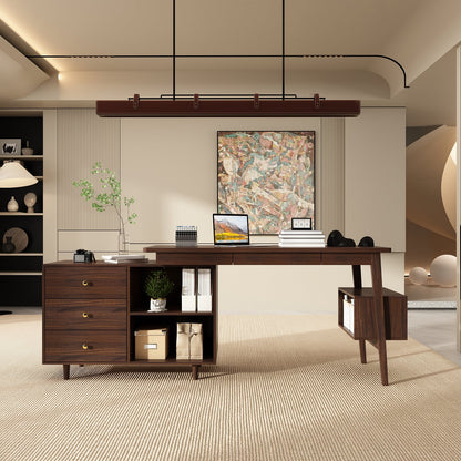 Bureau d'ordinateur en forme de L pour bureau à domicile, bureau moderne avec 3 tiroirs et pieds en bois