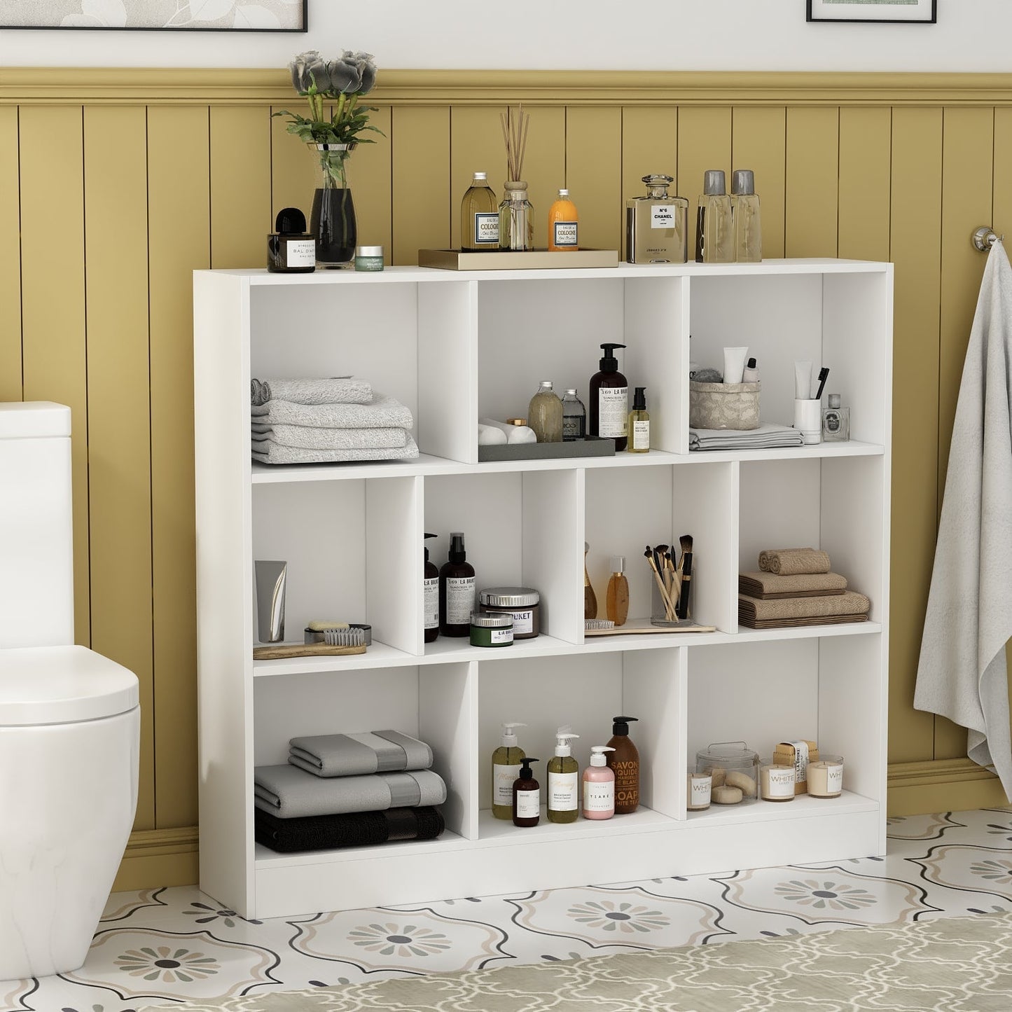 Meuble d'entrée, bibliothèque large pour enfants avec plusieurs compartiments et étagère à 3 niveaux 