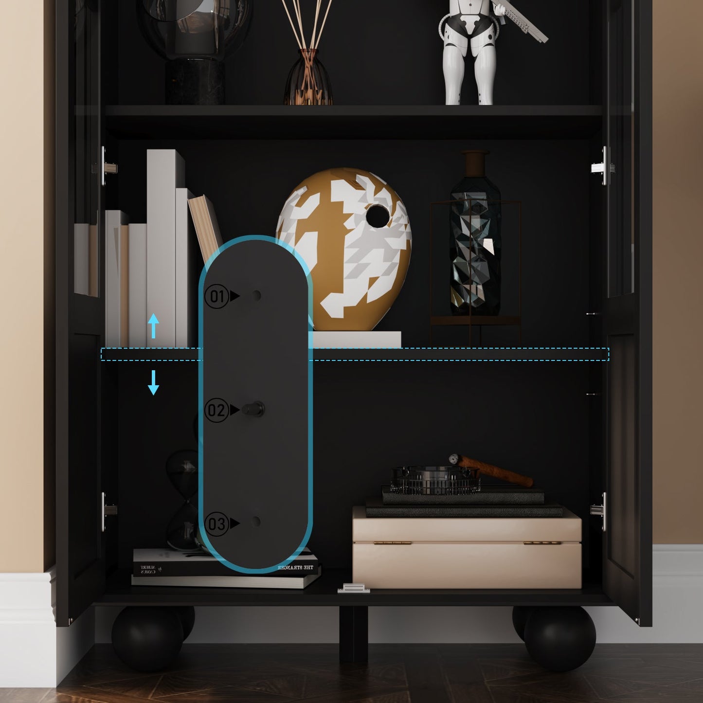 Armoire de rangement avec portes vitrées et étagères réglables 