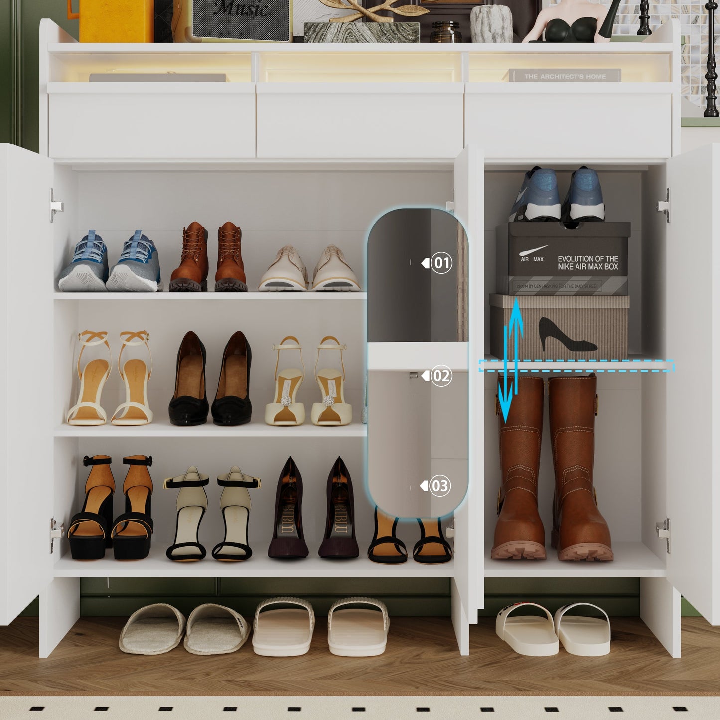 Meuble à chaussures à 3 tiroirs et 3 portes avec éclairage LED