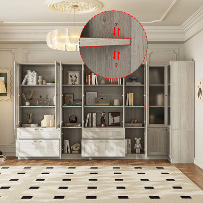 Bibliothèque modulaire à 4 tiroirs avec portes en verre dépoli, 71 po H x 126 po L