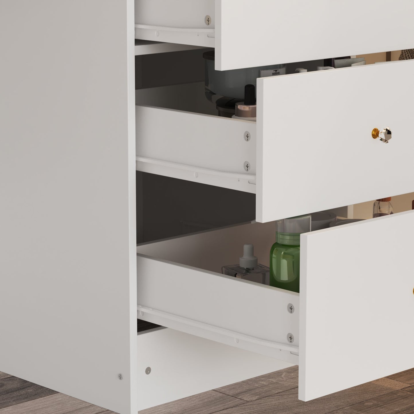 Ensemble coiffeuse avec miroir coulissant éclairé, tabouret rembourré, 5 tiroirs et étagères