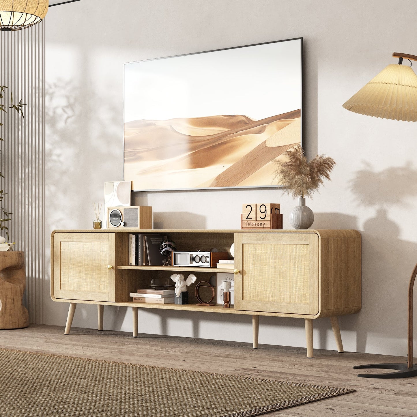 Meuble TV/console multimédia de 70,9 pouces de large avec 2 étagères ouvertes et portes en rotin