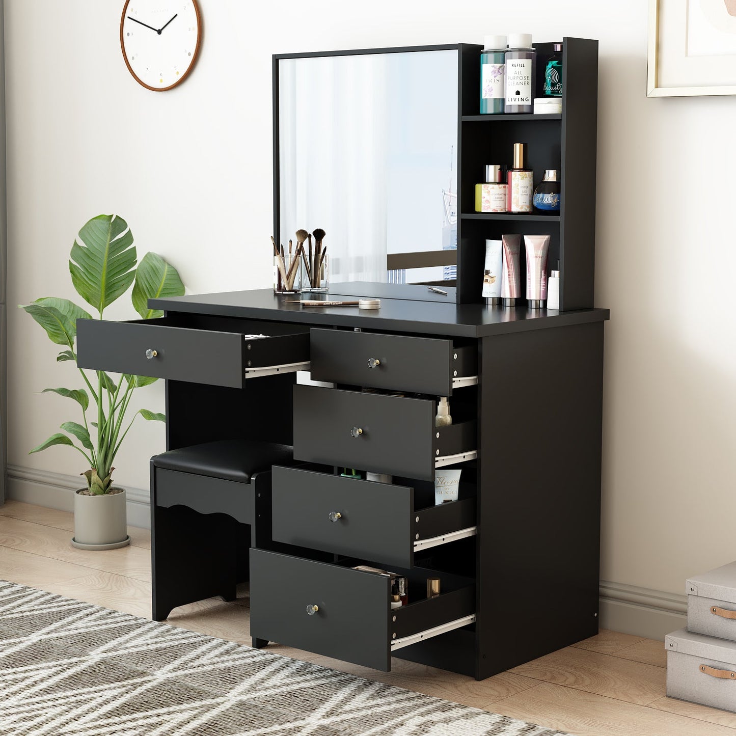 Ensemble coiffeuse avec miroir coulissant éclairé, tabouret rembourré, 5 tiroirs et étagères