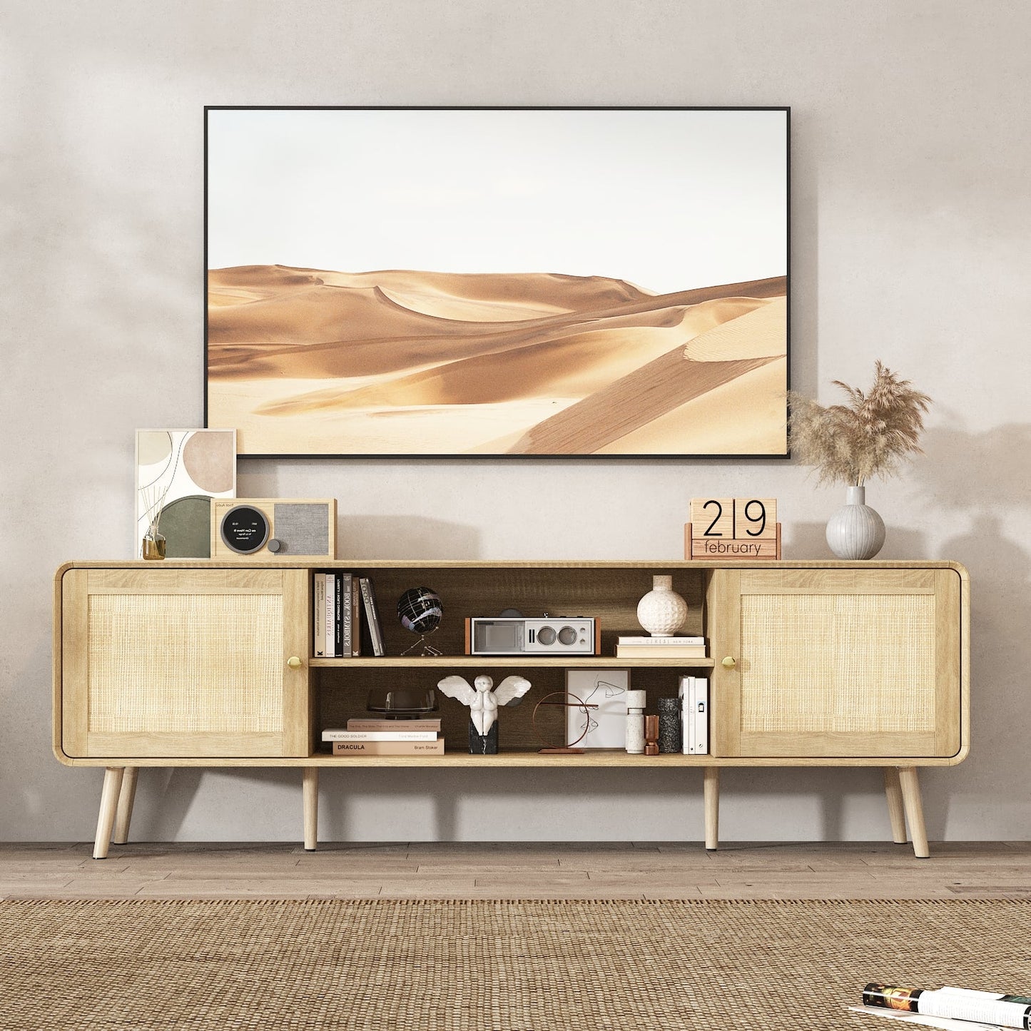 Meuble TV/console multimédia de 70,9 pouces de large avec 2 étagères ouvertes et portes en rotin