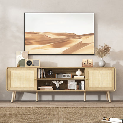 Meuble TV/console multimédia de 70,9 pouces de large avec 2 étagères ouvertes et portes en rotin