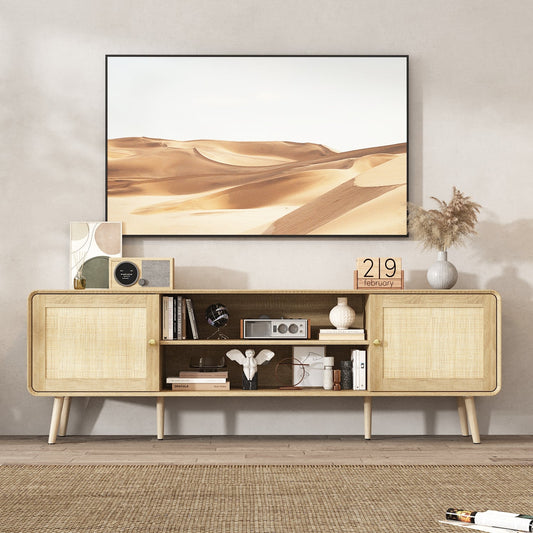Meuble TV/console multimédia de 70,9 pouces de large avec 2 étagères ouvertes et portes en rotin