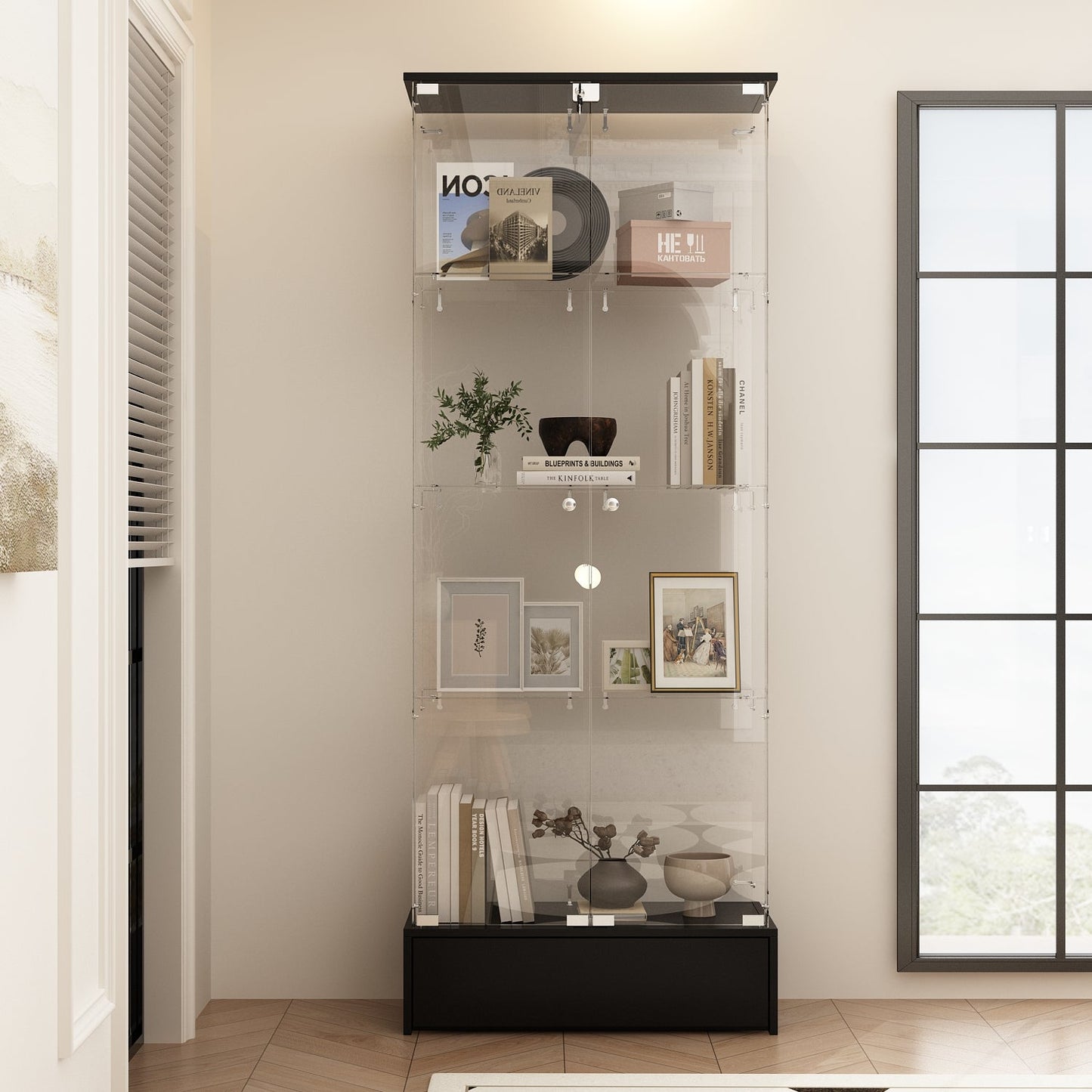 Bibliothèque vitrine transparente avec tiroir et serrure, 180 cm de hauteur x 70 cm de largeur