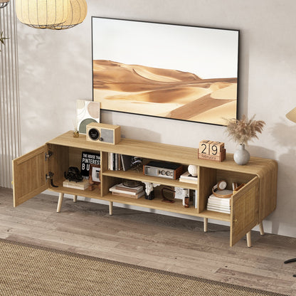 Meuble TV/console multimédia de 70,9 pouces de large avec 2 étagères ouvertes et portes en rotin