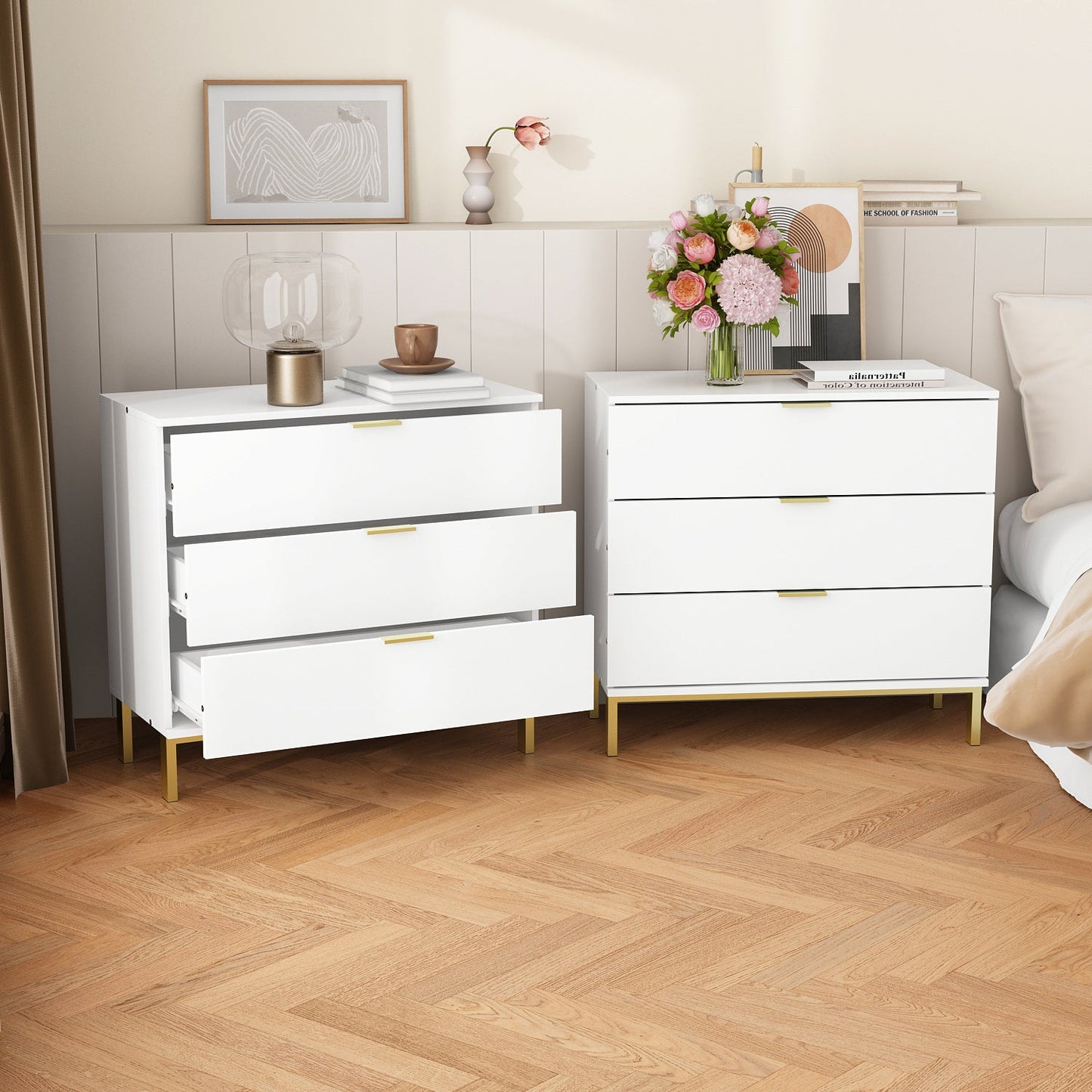 Commode verticale à 3 tiroirs avec pieds en métal pour chambre à coucher