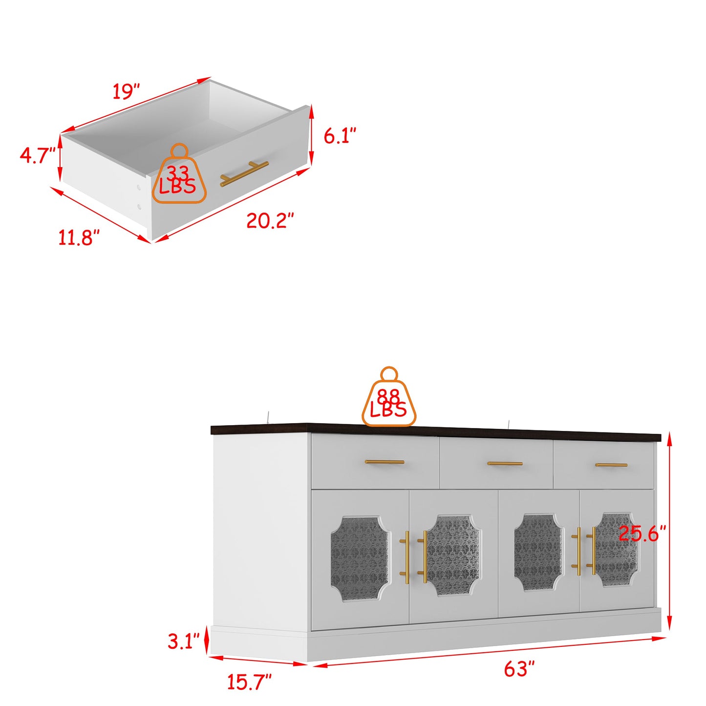 Buffet/meuble de rangement de 63 po de largeur