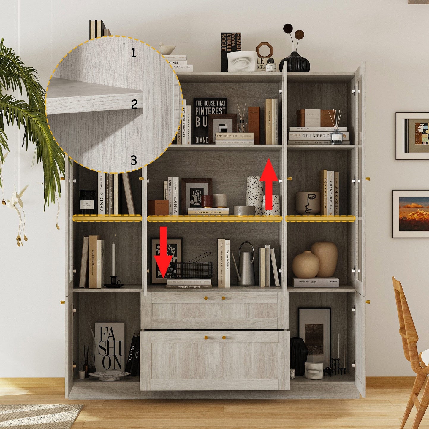 Bibliothèque modulaire à 4 tiroirs avec portes en verre dépoli, 71 po H x 126 po L