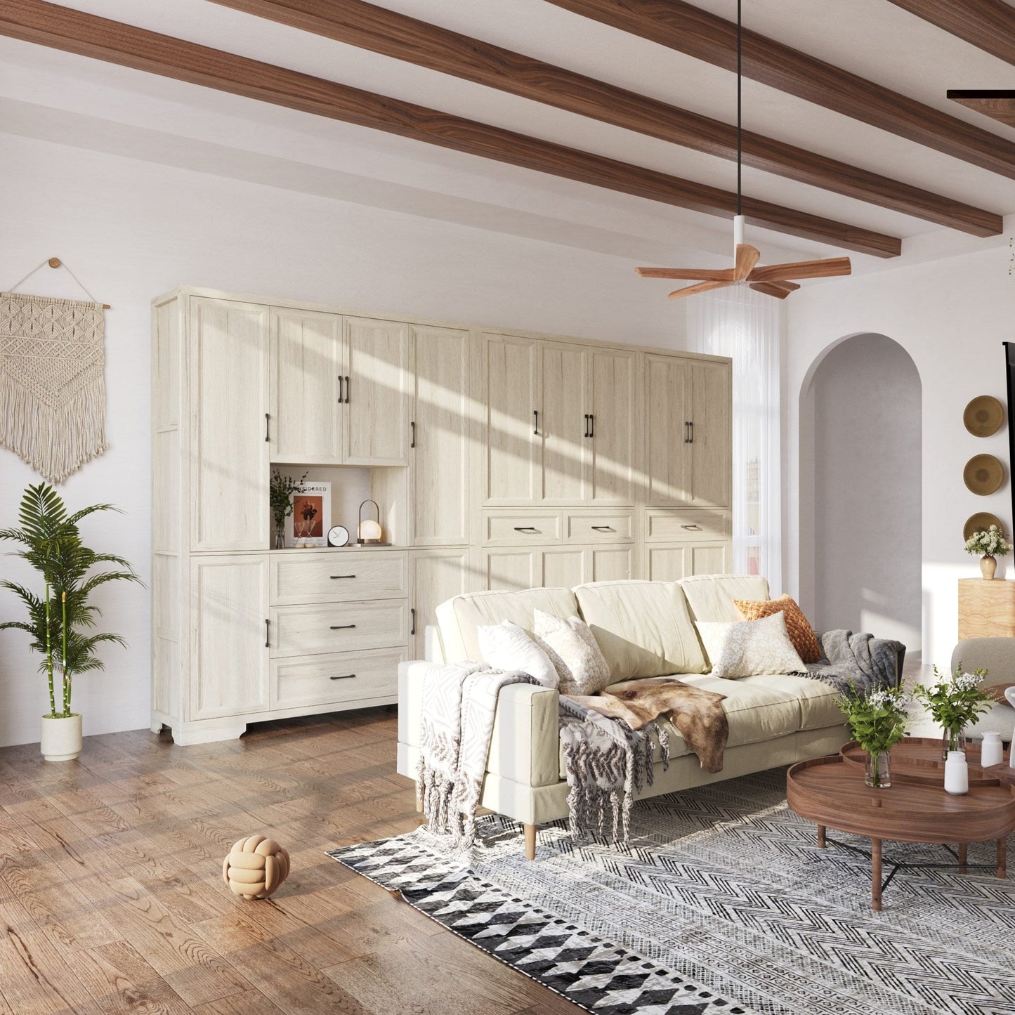 Meuble de rangement modulaire élégant : design épuré et combinaison de compartiments ouverts et fermés.