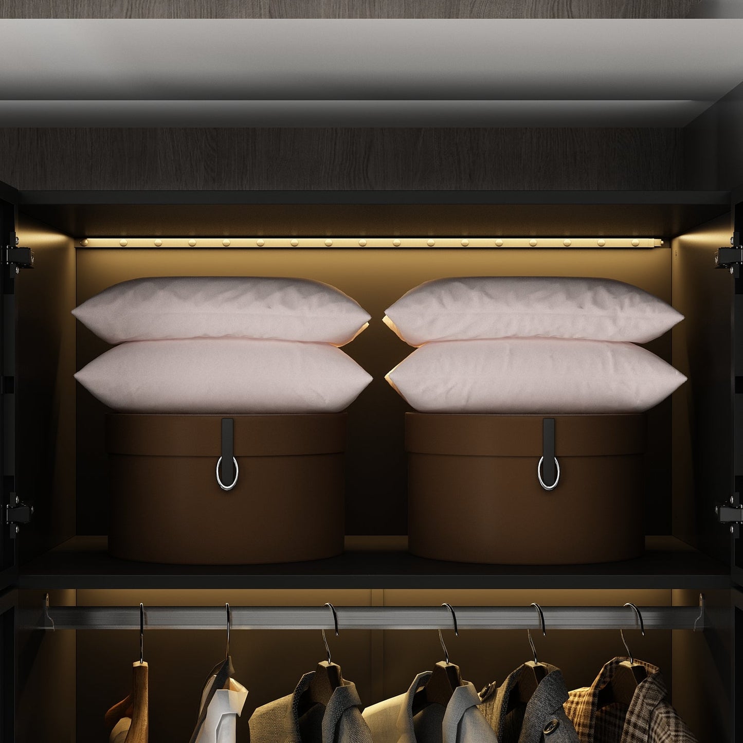 Grande armoire de chambre à coucher avec rangement pour vêtements, éclairage LED et portes vitrées