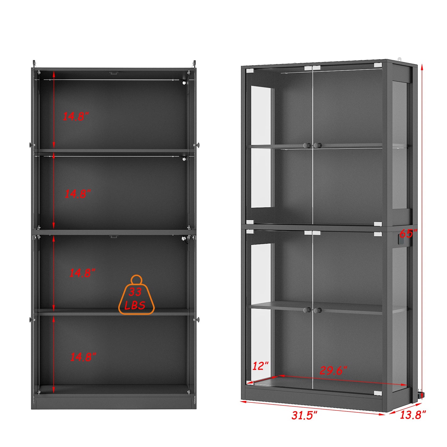 Vitrine noire à 2 portes en verre trempé pour chaussures et sacs