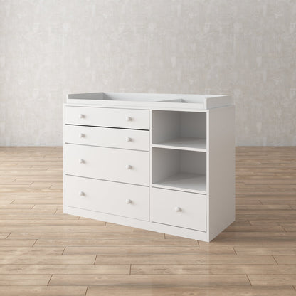 Commode de rangement pour chambre d'enfant avec table à langer, plateau spacieux, 5 tiroirs et 2 étagères 
