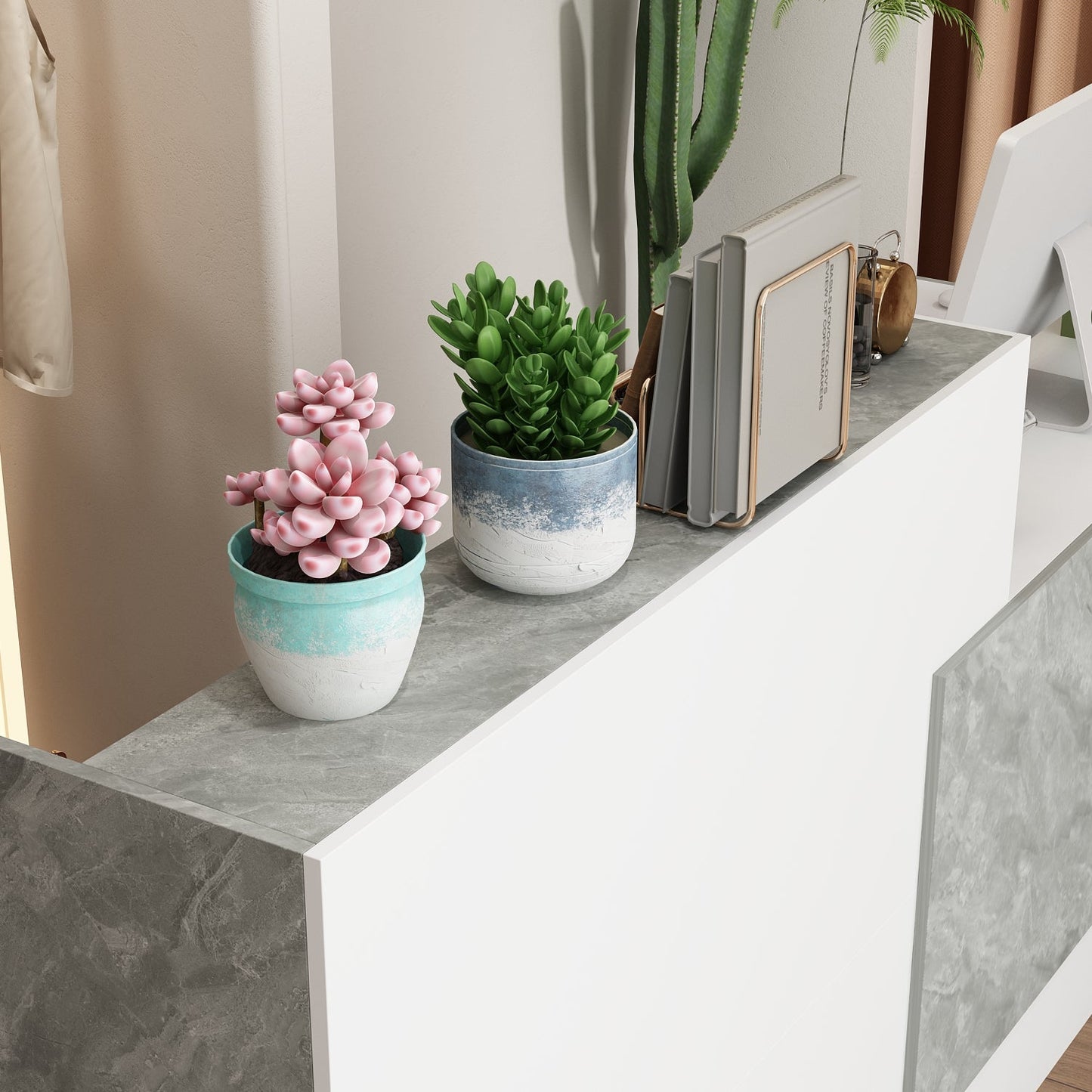 Bureau d'accueil rectangulaire de 86,6 pouces de large avec étagères ouvertes