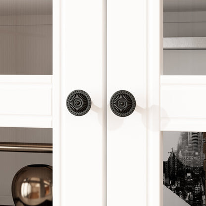 Bibliothèque blanche cintrée à 5 niveaux avec portes et tiroirs en verre, 77 po H x 50 po L