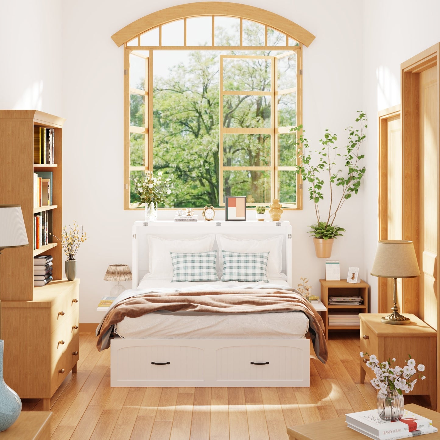 Lit escamotable pliable avec tables de chevet et finition blanche