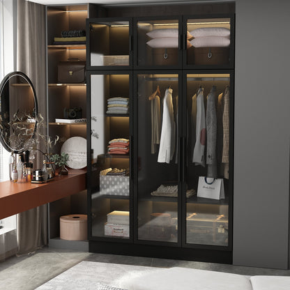 Grande armoire de chambre à coucher avec rangement pour vêtements, éclairage LED et portes vitrées